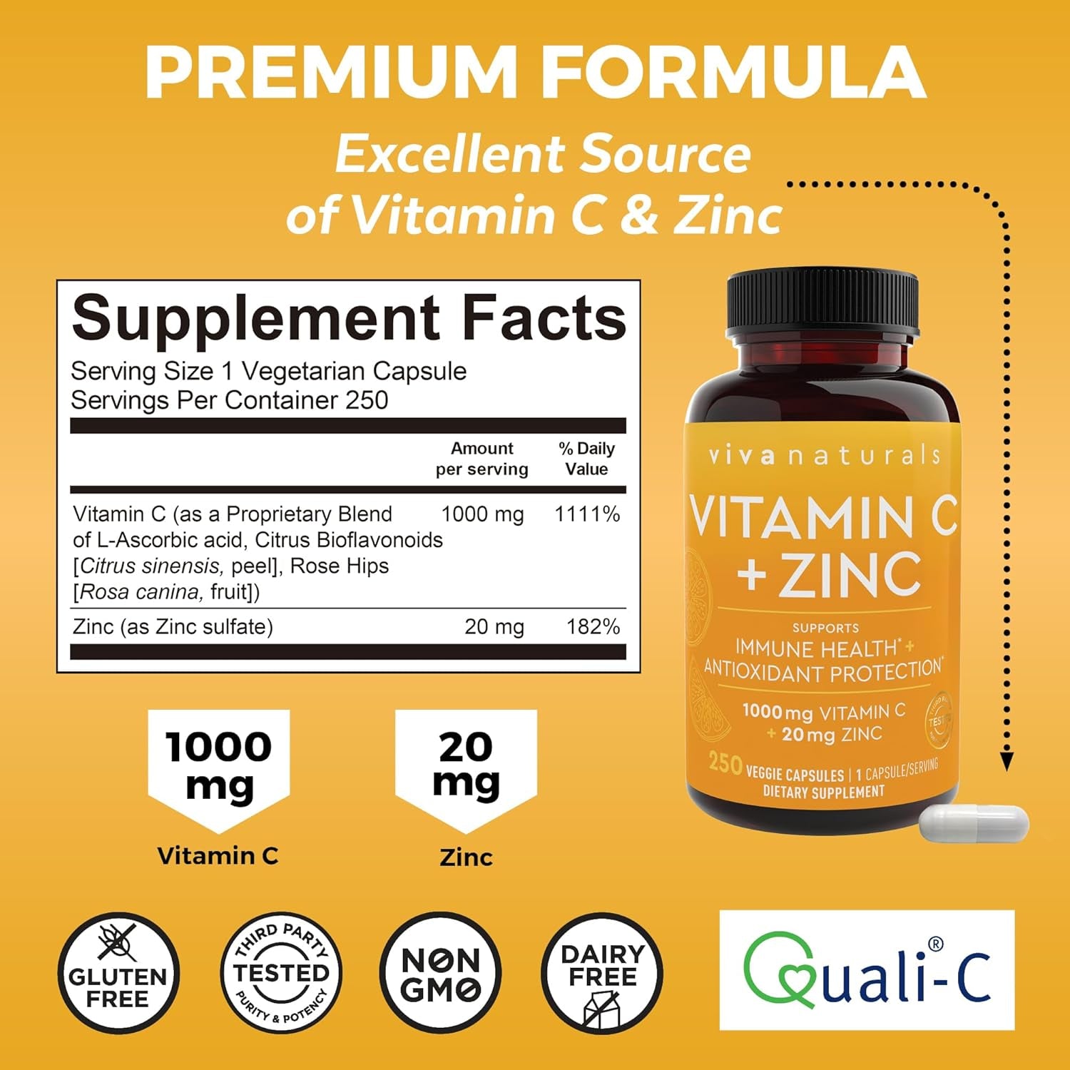 Viva Naturals Vitamin C and Zinc Supplement - Antioxidant Supplements for Immune Support for Adults (250 Capsules)