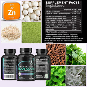 Natural Body Odor Eliminator Pills - Chlorophyll with Zinc, Champignon, Psyllium Fiber - 60 Vegan Capsules. Made in the USA