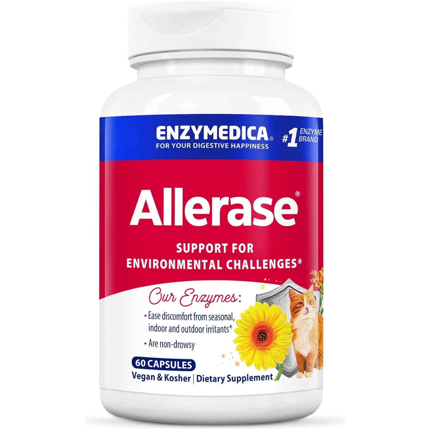 Enzymedica, Allerase, Non-Drowsy Enzyme Supplement to Help Relieve Seasonal Mucus Buildup, 60 Count