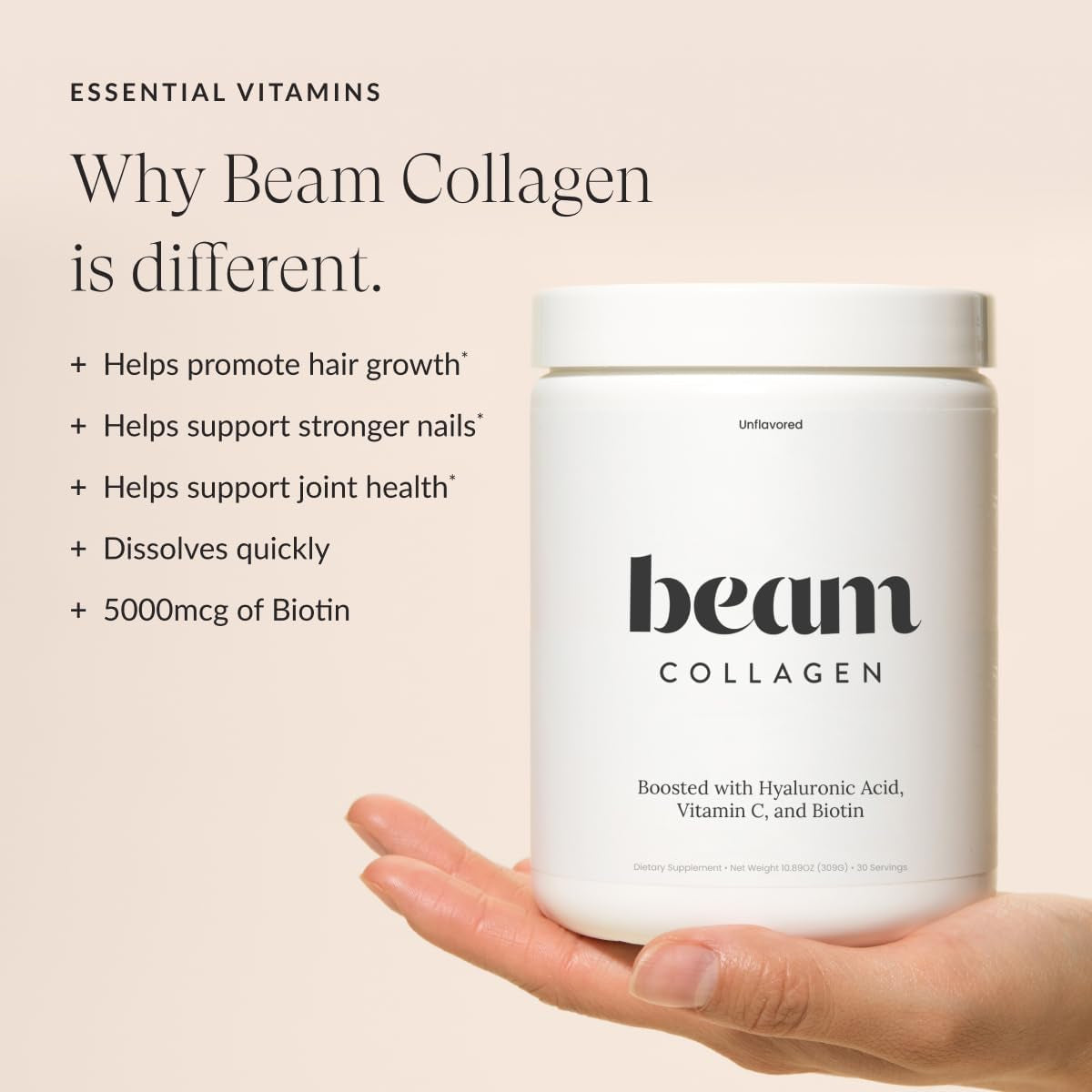 Beam Collagen Peptides, Grass Fed, Hair, Skin, Nail & Joint Support 30 Servings
