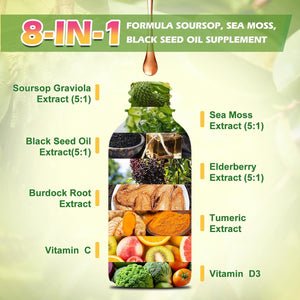 Soursop Bitters Liquid Drops with Irish Sea Moss, Black Seed Oil, Soursop Graviola Leaves Extract - Slowing Cell-Aging, Gut Cleanse, Detox & Immunity Health