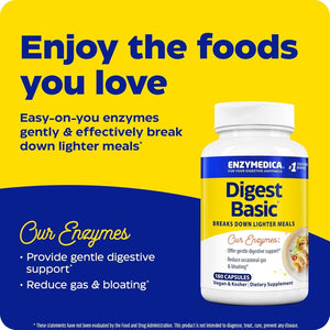 Enzymedica Digest Basic, Digestive Enzymes for Sensitive Stomachs, Offers Fast-Acting Gas & Bloating Relief, 180 Count