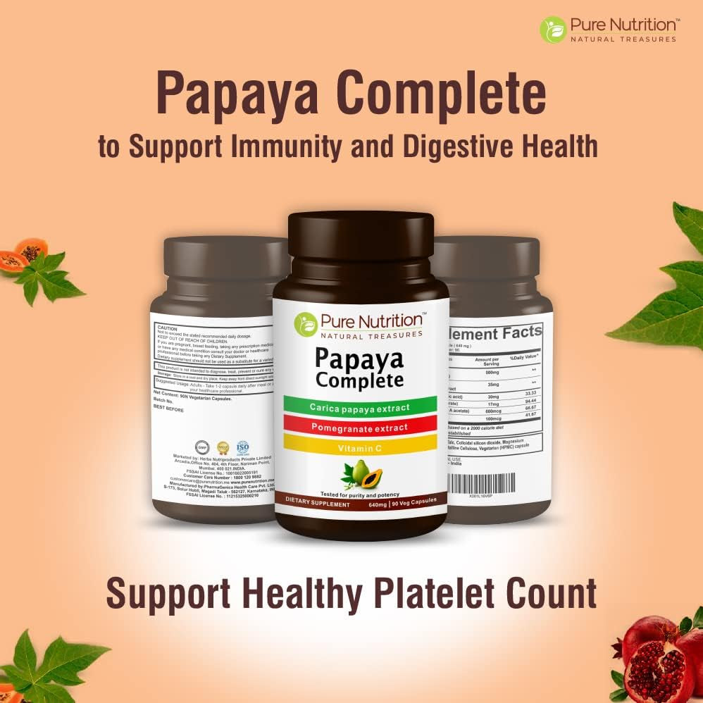 Pure Nutrition Papaya Complete - Supports Platelet Immunity & Digestion - Carica Papaya Fruit and Leaf Extract 60 Capsules/500mg