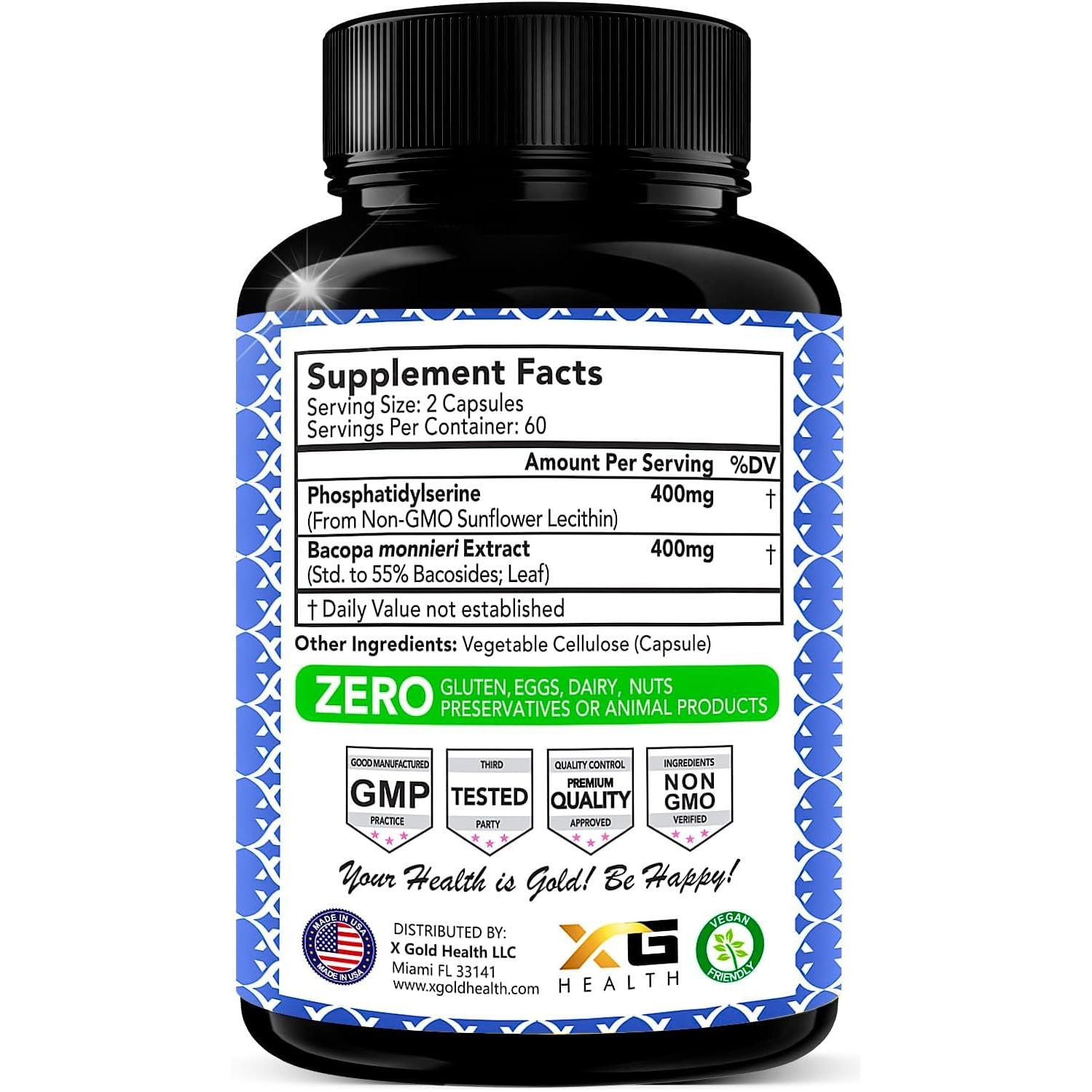 Phosphatidylserine & Bacopa Monnieri 400 Mg 2 in 1 Supplement - Natural Brain Enhancer/Nootropic - 120 Vegetarian Capsules