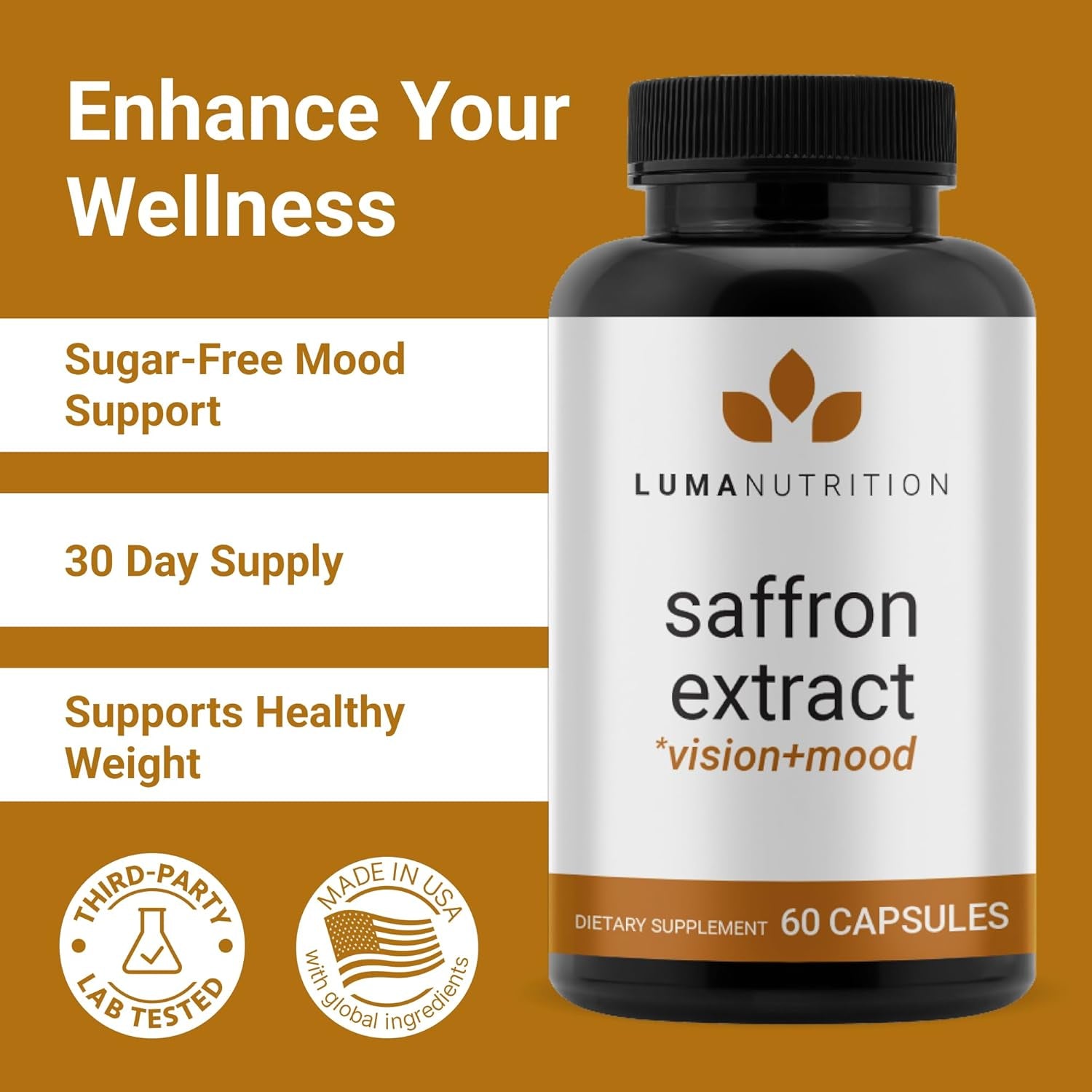 Luma Nutrition Saffron Extract Capsules 88.50 Mg - Mood Support - Eye Support - Made in the USA - 60 Capsules