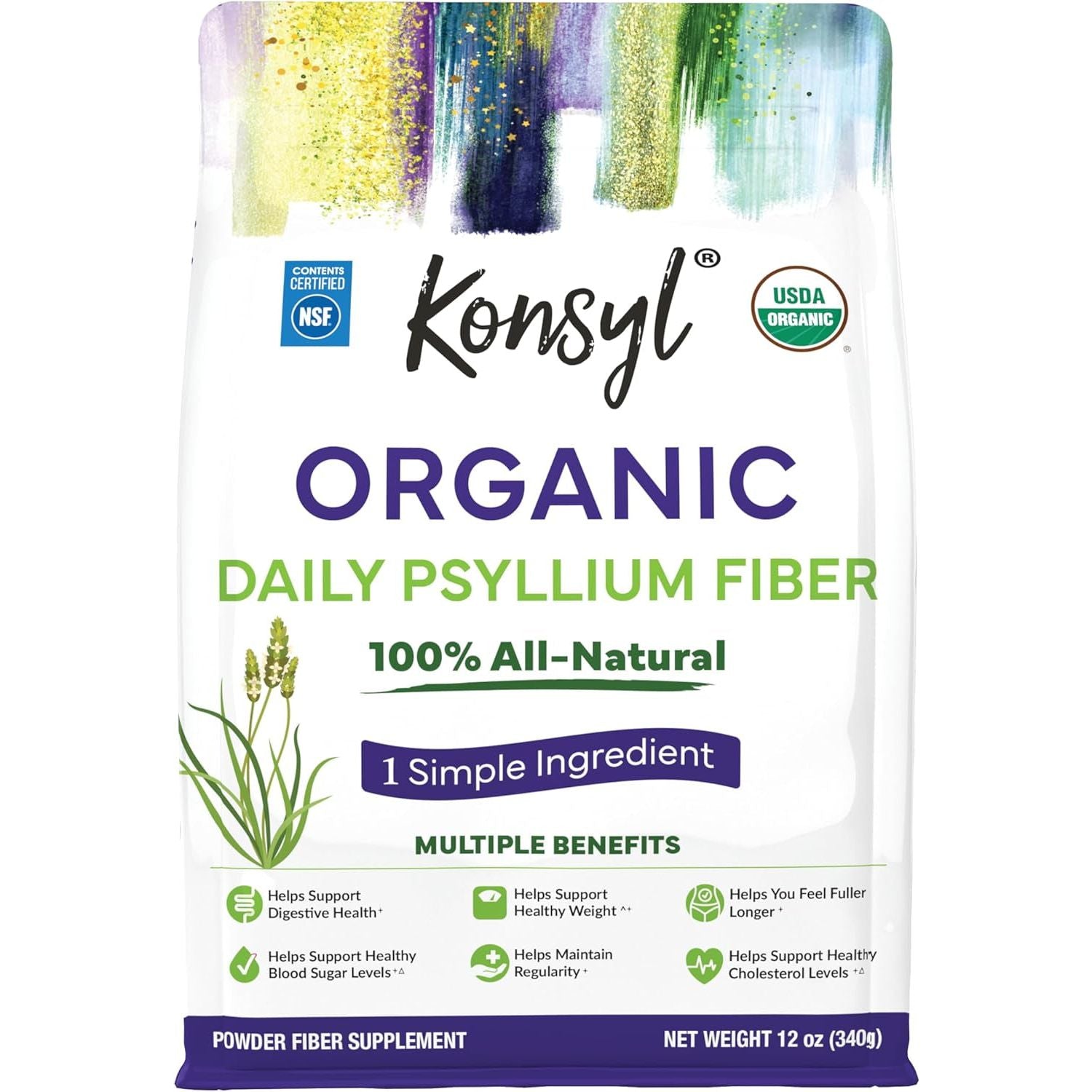 Konsyl Organic Psyllium Fiber - USDA Certified Psyllium Husk Daily Fiber Powder - 340G Gusset Bag