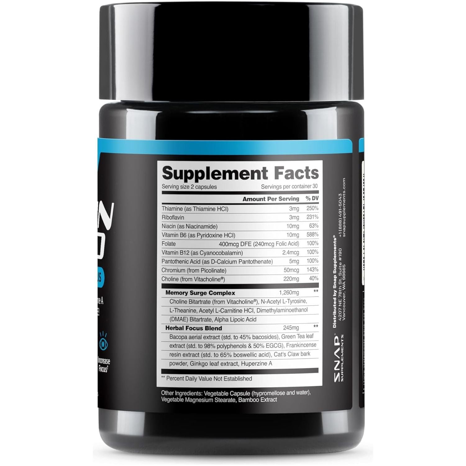 Snap Supplements Brain Booster Nootropics Supplement for Memory, Focus & Clarity, 60 Capsules