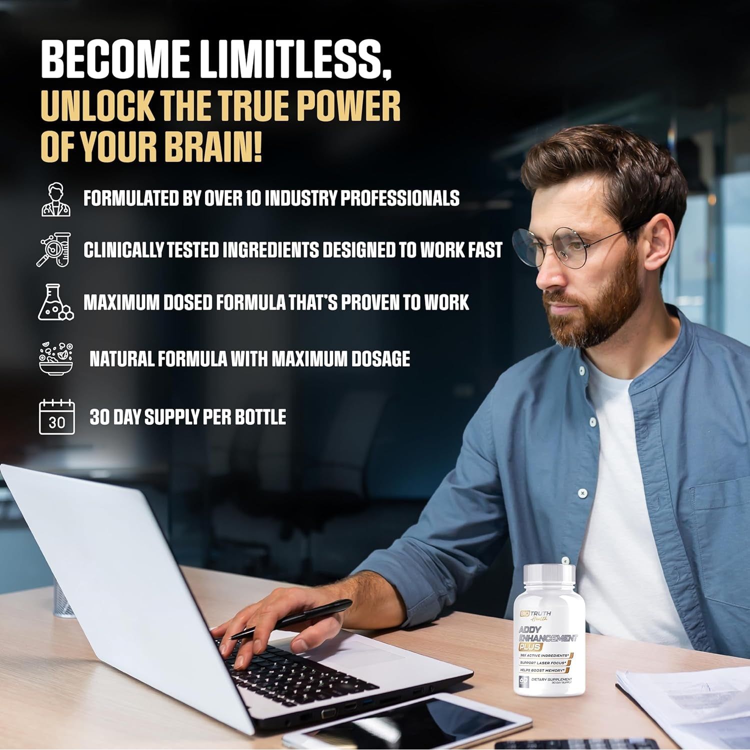 Biotruth Health - Highest Dosed 38 Ingredient Natural Adderall Substitute Brain Supplement Nootropic Pills - 60 Pills