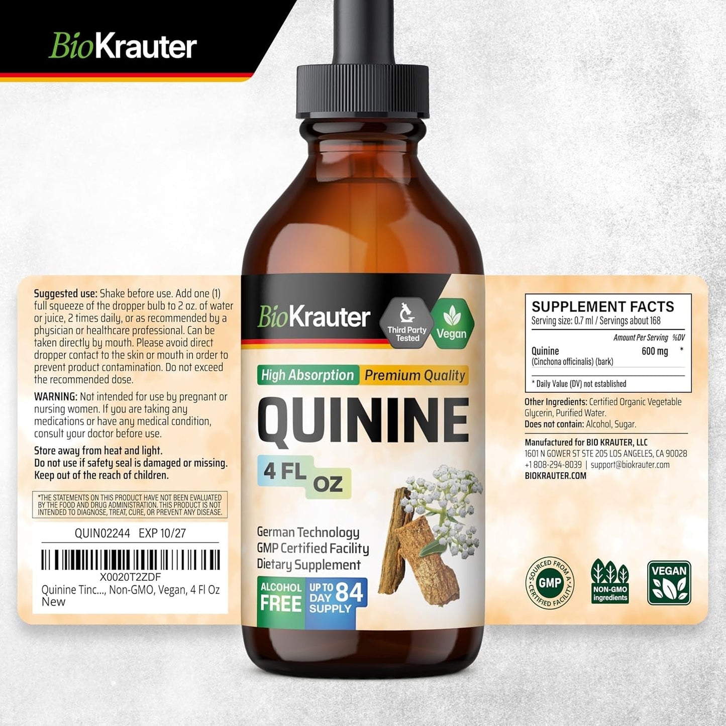 BIO KRAUTER Quinine for Leg Cramps Tincture - Cinchona Bark Extract - 4 Fl.Oz.