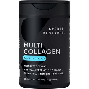 Sports Research Multi Collagen Pills (Type I, II, III, V, X) Hydrolyzed Collagen Peptides 90 Capsules