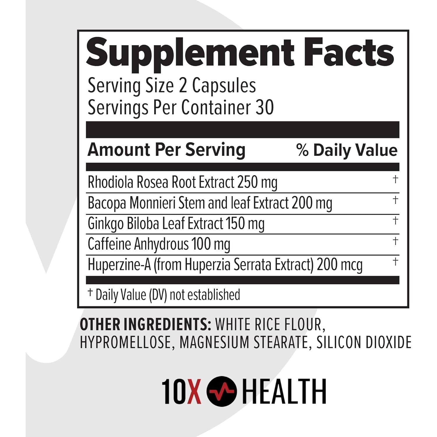 10X Health Focus Brain Supplements for Memory and Focus - 60 Capsules