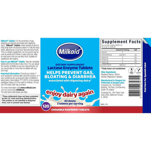 Milkaid Lactase Enzyme Chewable Tablets for Lactose Intolerance Relief | Prevents Gas, Bloating & Diarrhea | 120 Tablets