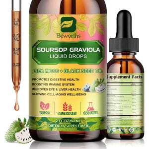 Soursop Bitters Liquid Drops with Irish Sea Moss, Black Seed Oil, Soursop Graviola Leaves Extract - Slowing Cell-Aging, Gut Cleanse, Detox & Immunity Health