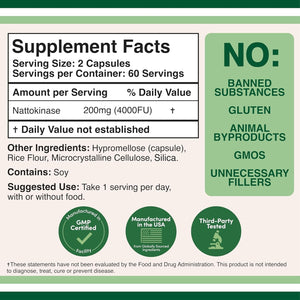 Nattokinase Supplement 4,000 FU Servings, Systemic Enzymes for Cardiovascular and Circulatory Support by Double Wood 120 Capsules