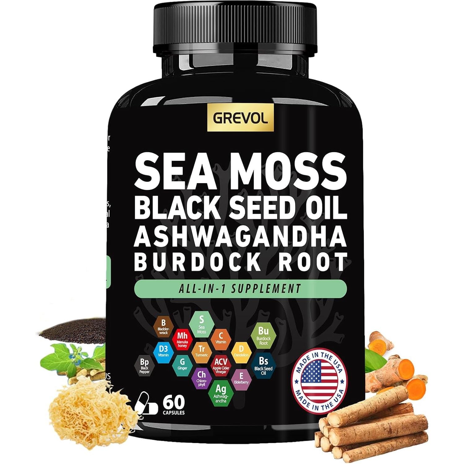 Sea Moss Black Seed Oil Ashwagandha Bladderwrack Burdock Root Turmeric - Multimineral Supplement - 60 Count