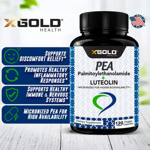 Palmitoylethanolamide 630 Mg + Luteolin Standardized 98% - Made in USA - 120 Veggie Capsules
