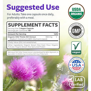 USDA Organic Milk Thistle Capsules - 80% Silymarin Supplement for Liver Support - 60 Day Supply