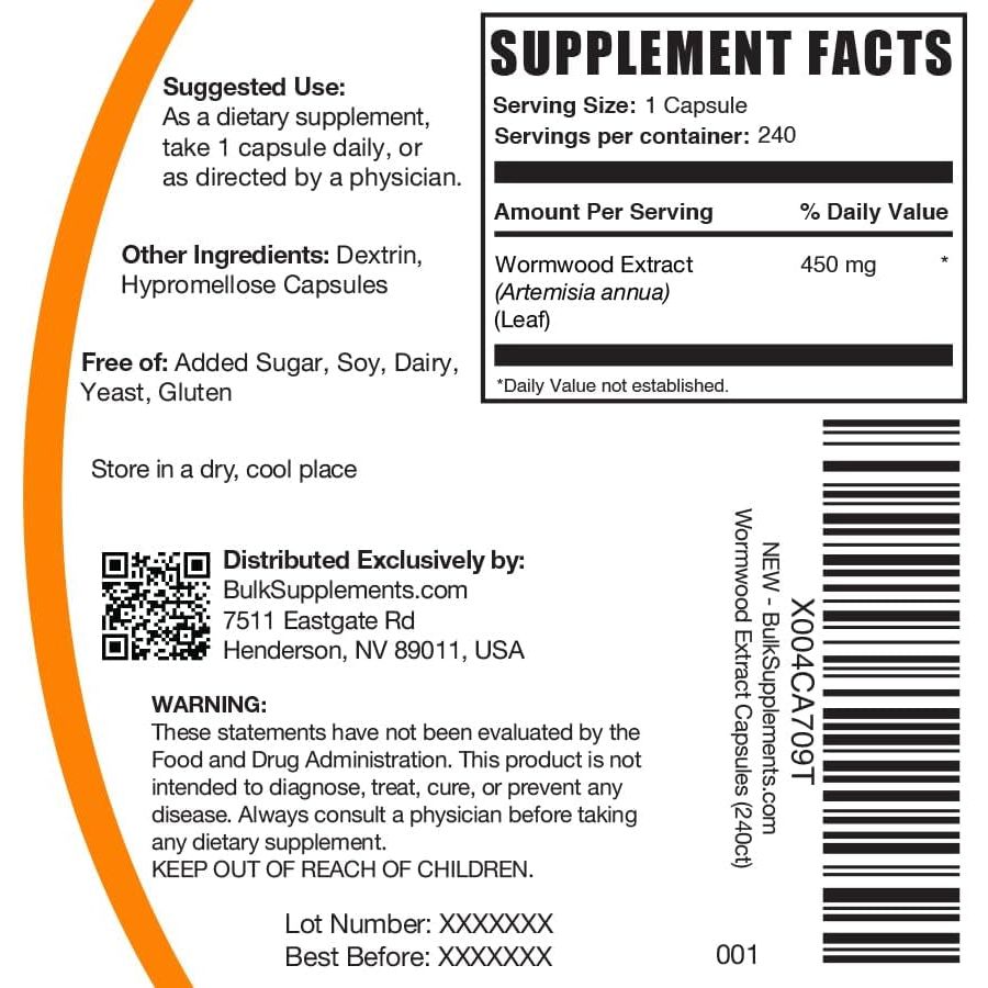 Bulksupplements.Com Wormwood Extract Capsules - Gluten Free, 240 Veg Capsules