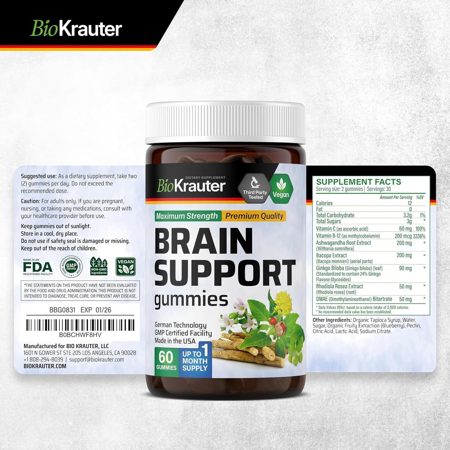 BIO KRAUTER Brain Support Gummies - Natural Brain Supplement - 60 Vegan Chews