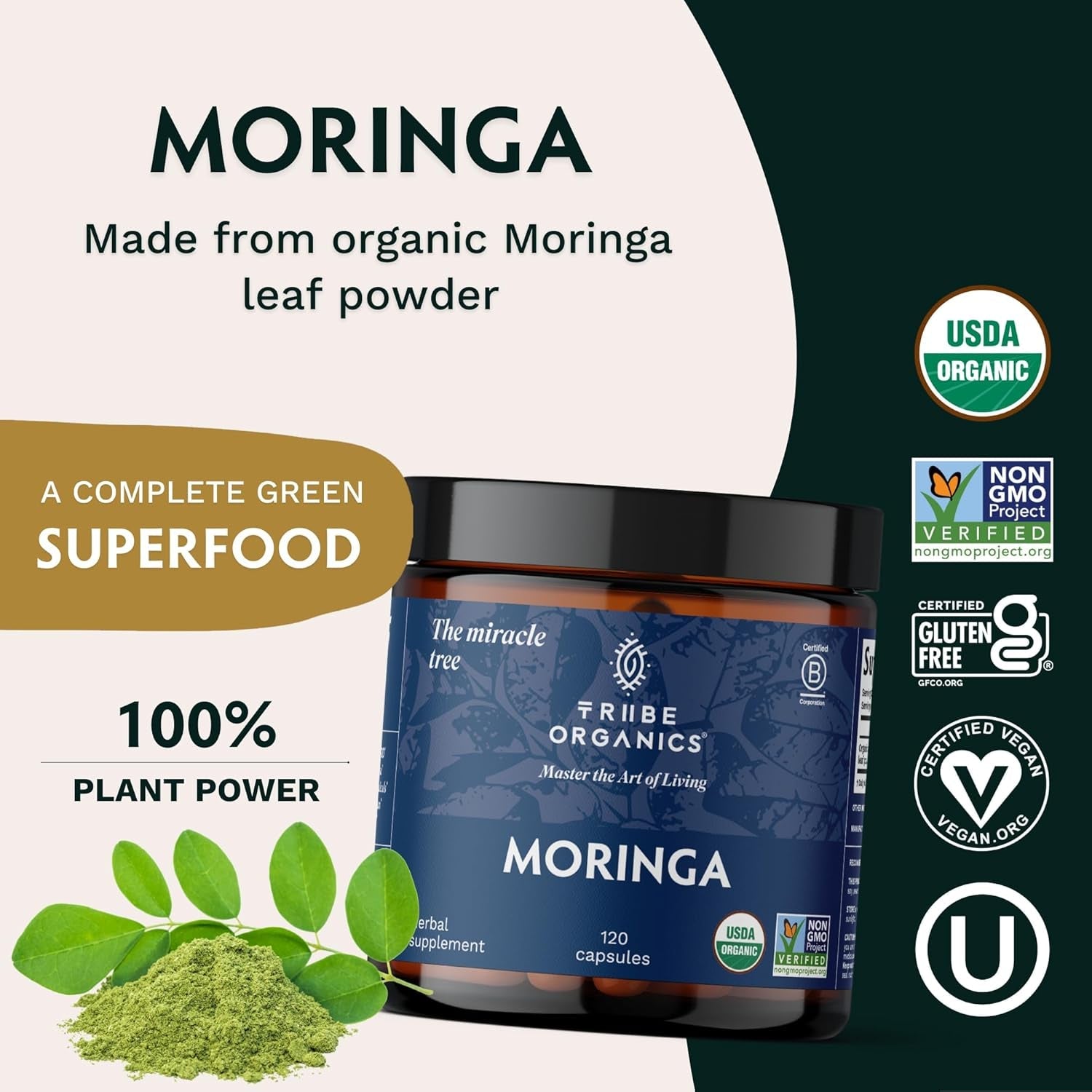 TRIBE ORGANICS 1800Mg Organic Moringa Oleifera Powder for Energy | Joints | Brain Function - 120 Vegan Capsules