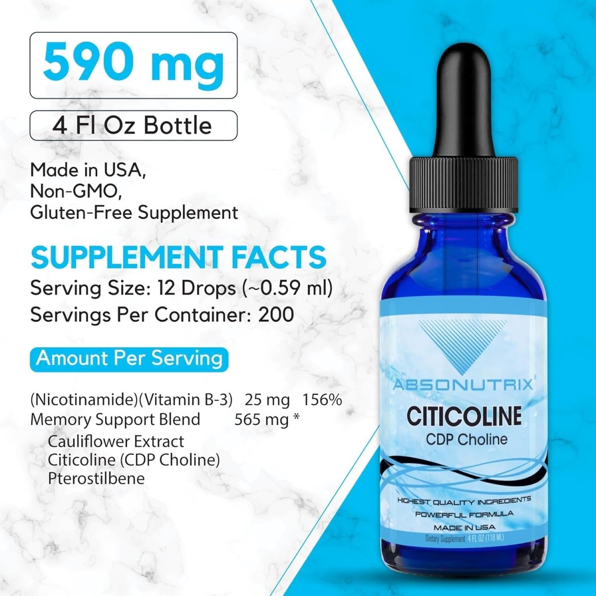Absonutrix Citicoline 590 Mg, 4 Oz Bottle, 200 Servings - Suppviv