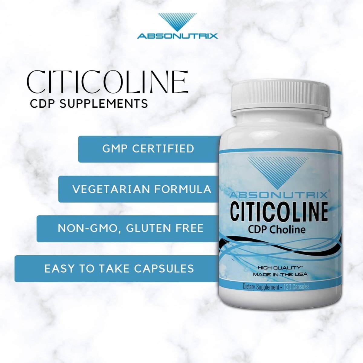 Absonutrix Citicoline CDP Choline 530Mg, Nootropic Supplement, Easy to Swallow, 120 Veg Caps, - Suppviv