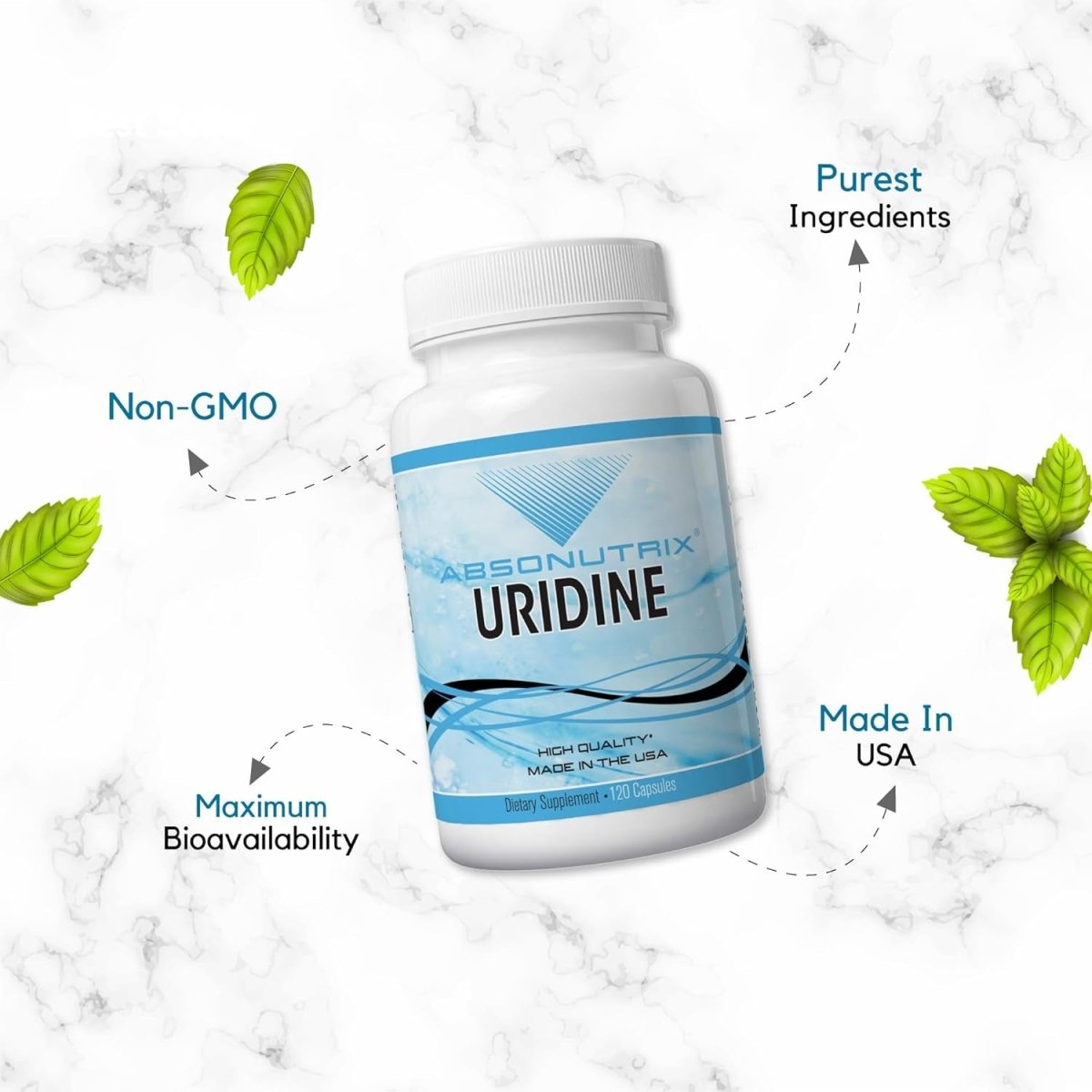 Absonutrix Uridine Monophosphate (Choline Enhancer) 500Mg per Capsule - 120 Vegetable Capsules Memory Made in USA - Suppviv