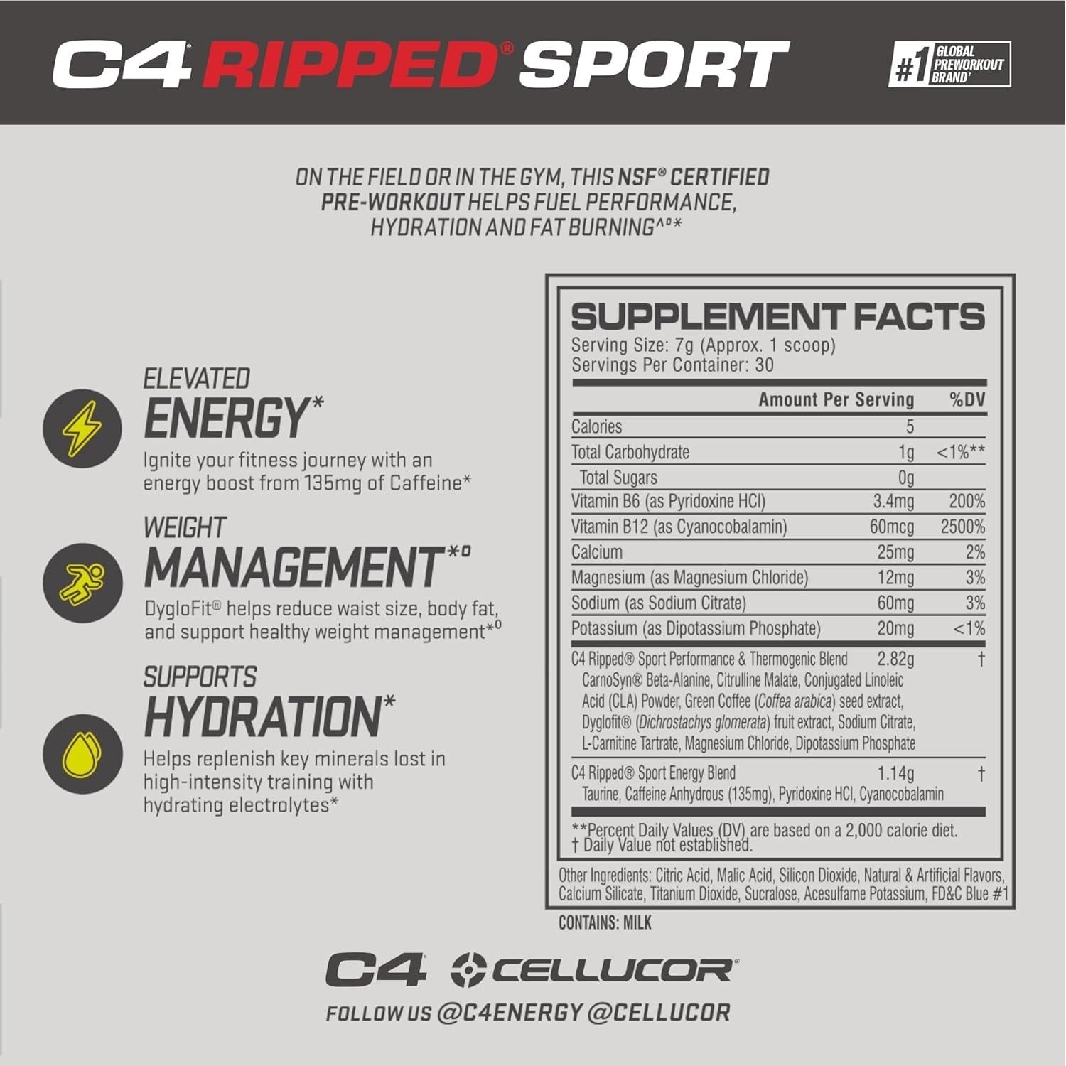C4 Ripped Sport Pre Workout Powder Arctic Snow Cone - 135Mg Caffeine + Weight Loss - 30 Servings