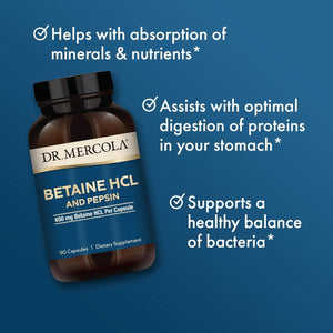Dr. Mercola Betaine HCL and Pepsin, 650Mg Betaine HCL - Supports Healthy Digestion 90 Capsules