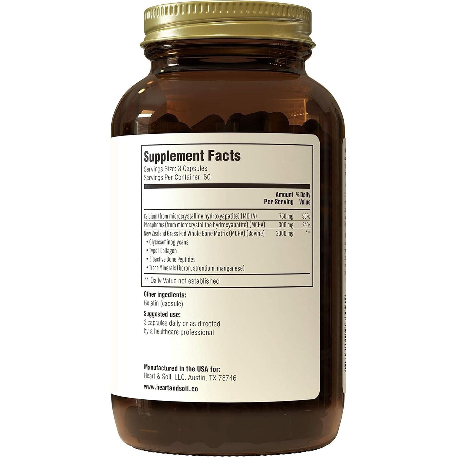 Heart & Soil Grass Fed Bone Matrix — Supports Bone and Joint Health, Strength, and Flexibility (180 Capsules)