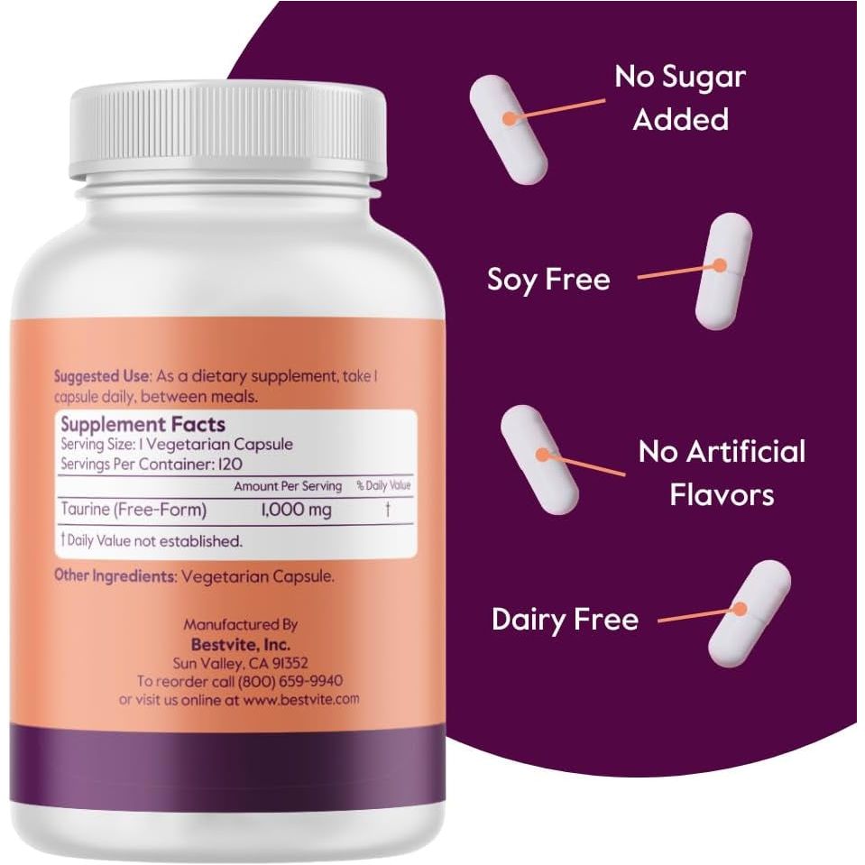 BESTVITE Taurine 1000Mg (120 Vegetarian Capsules) - No Stearates, Fillers, Flow Agents - Vegan - Non GMO - Gluten Free