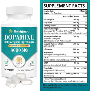 Natural Dopamine Supplement for Energy, Focus, Motivation, Mental Alertness, Mood, and Stress - 90 Tablets