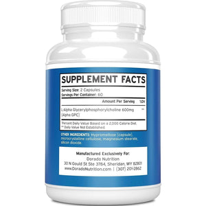 Alpha GPC Choline Capsules - 120 Count, 600Mg Servings - Brain Support Supplement.