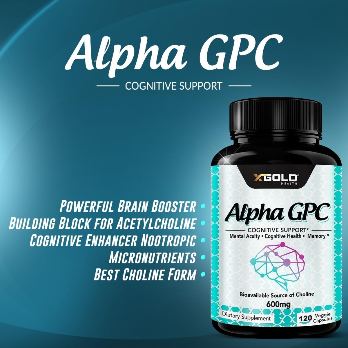 Alpha GPC Choline Supplement 600Mg, 99%+ Highly Purified, Highly Bioavailable Source of Choline,120 Veggie Capsules, - Suppviv