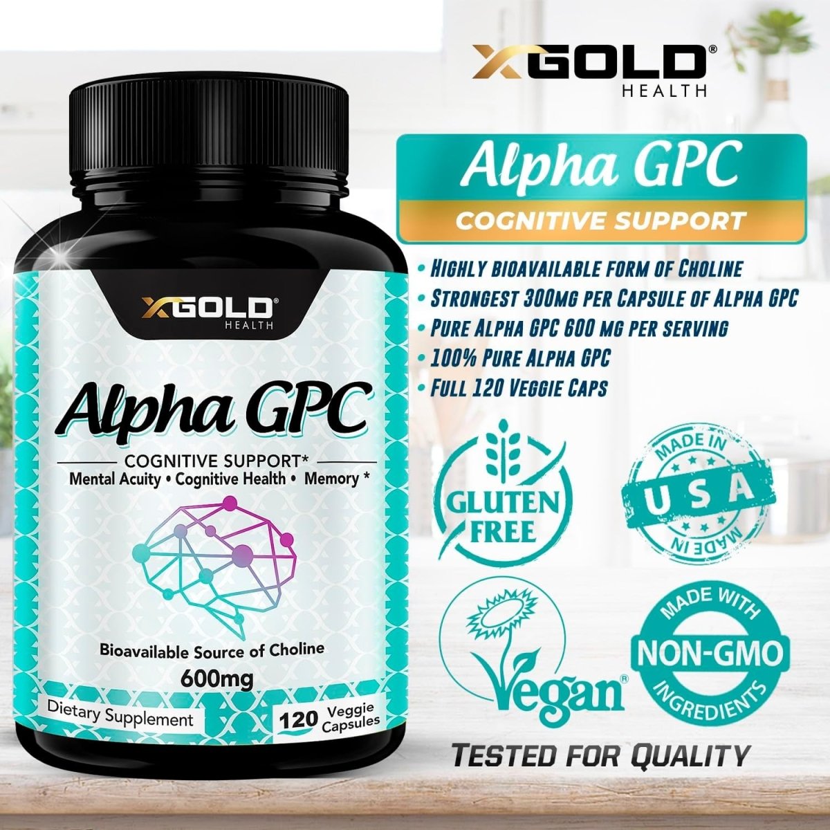 Alpha GPC Choline Supplement 600Mg, 99%+ Highly Purified, Highly Bioavailable Source of Choline,120 Veggie Capsules, - Suppviv