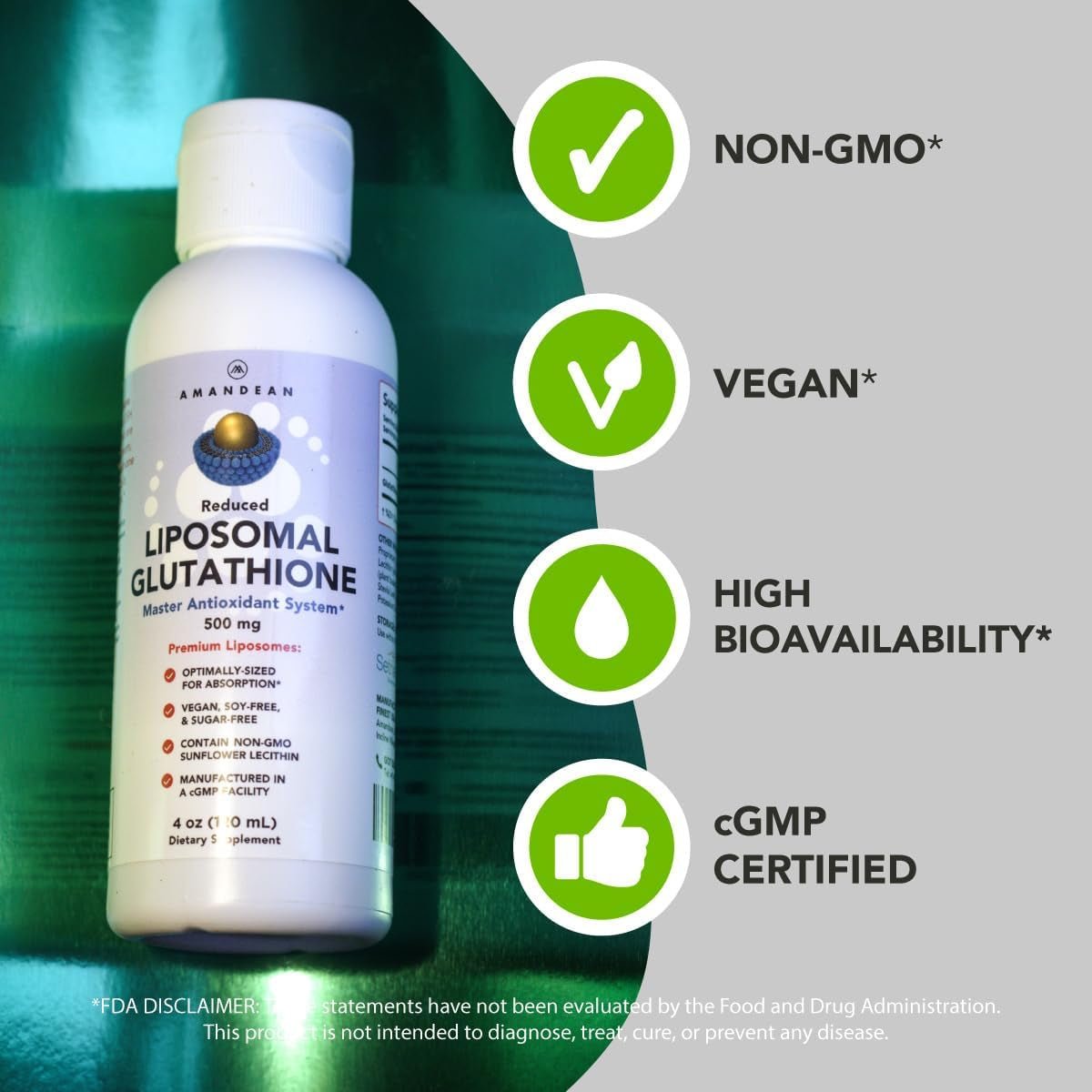AMANDEAN Liposomal Glutathione Supplement. Liquid Reduced Setria 500Mg - Suppviv