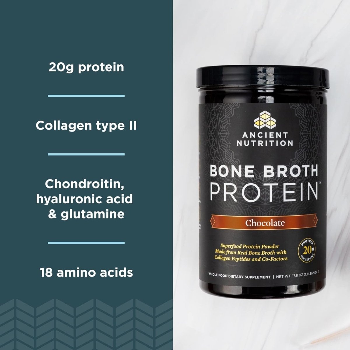 Ancient Nutrition Protein Powder Made from Real Bone Broth, Chocolate, 20G Protein per Serving - Suppviv