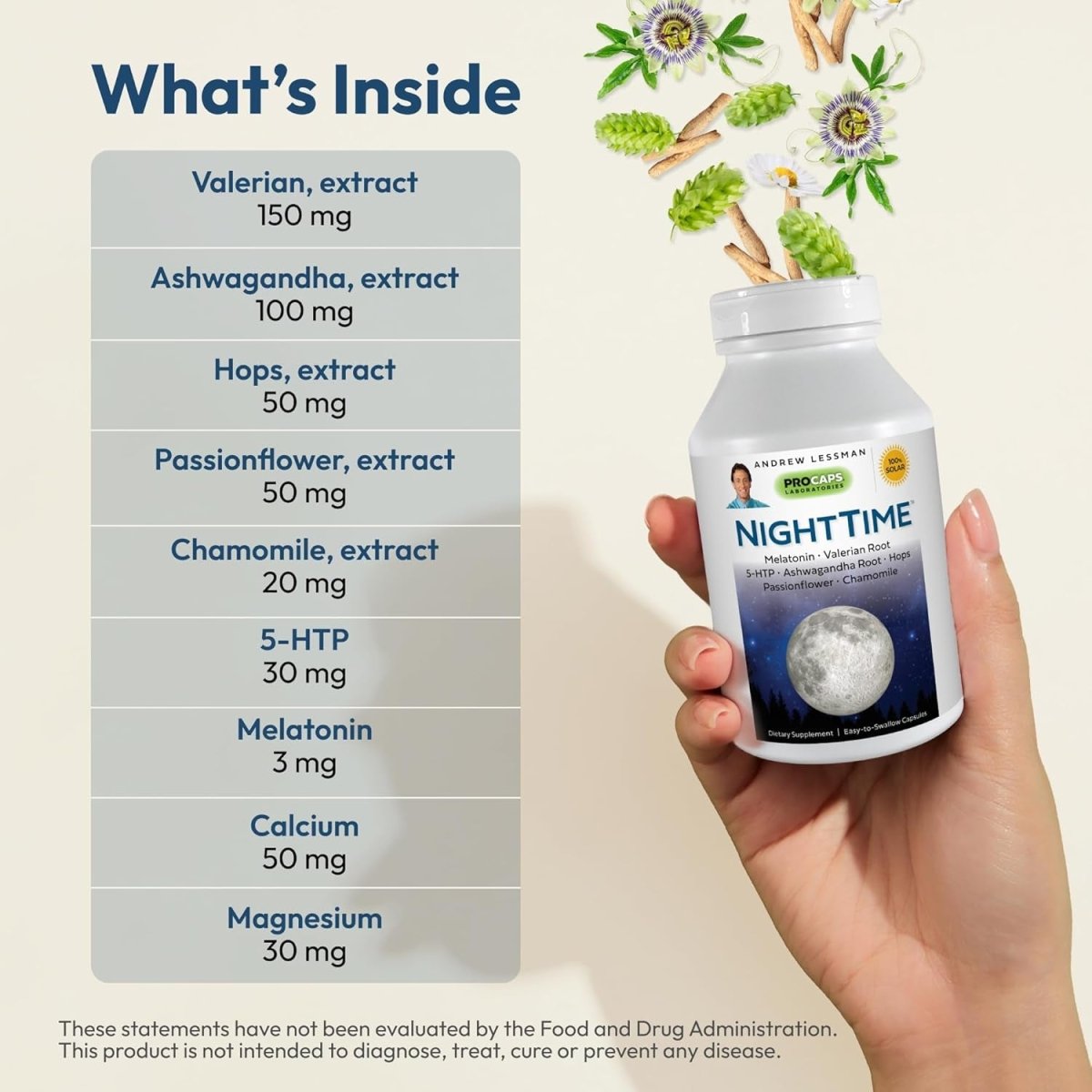 Andrew Lessman Night Time 60 Capsules - 3Mg Melatonin, Valerian, Ashwagandha, Passionflower, Hops, Chamomile - Suppviv