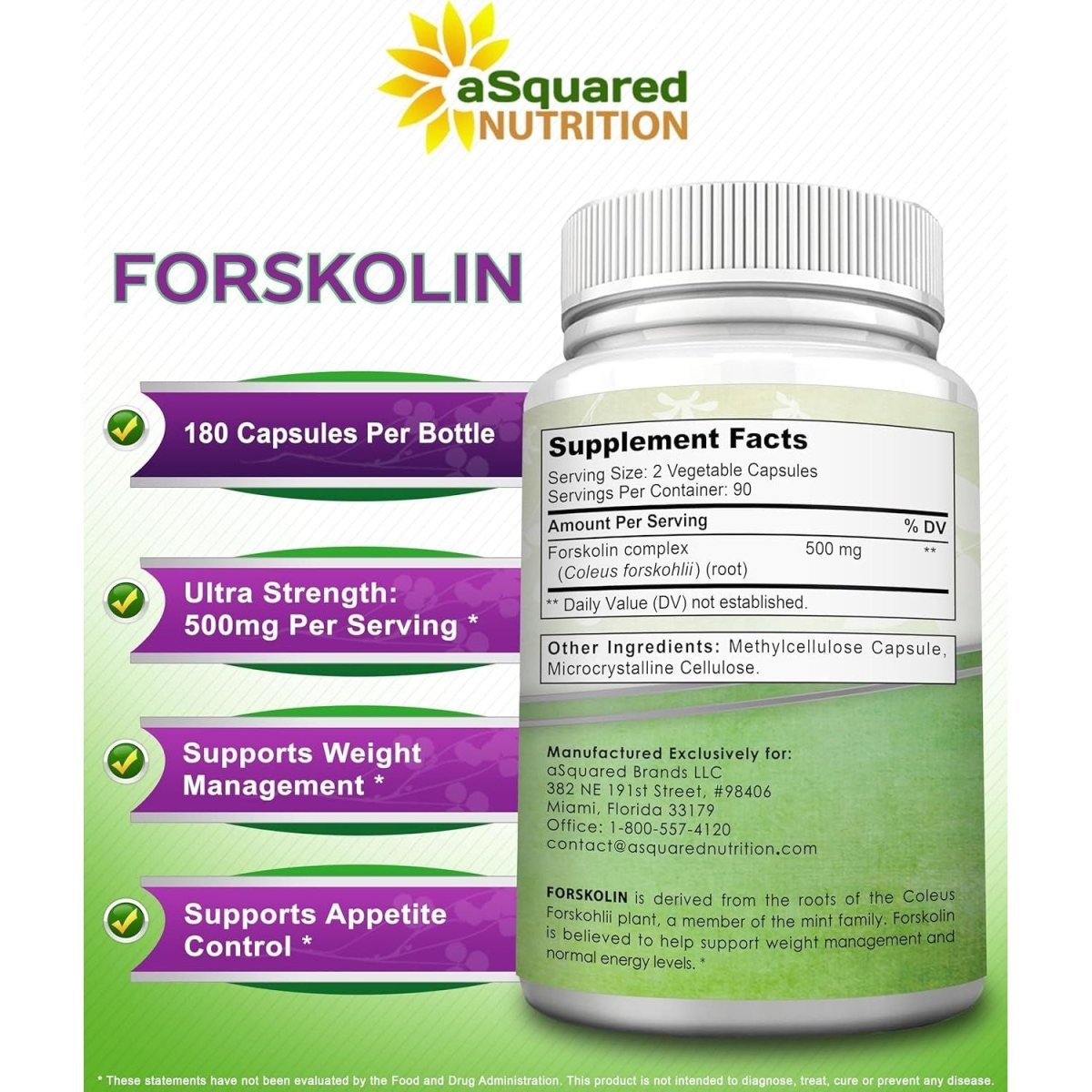Asquared Nutrition Forskolin 500Mg Max Strength 180 Capsules - Suppviv