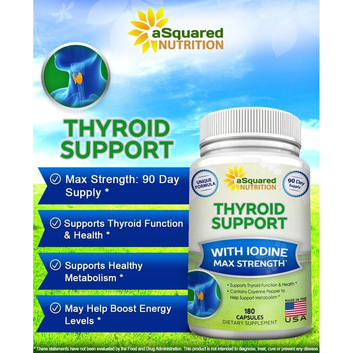 Asquared Nutrition Premium Thyroid Support Supplement with Iodine (180 Capsules) 1 PACK - Suppviv