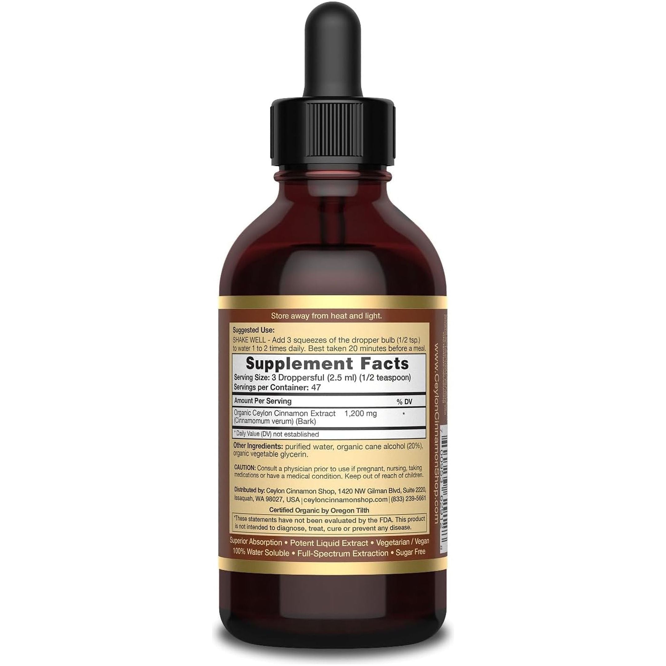 Cinnagold™ Organic Ceylon Cinnamon (100% Certified) Supplement, High-Potency Liquid Extract, 4 Oz. – Super Antioxidant