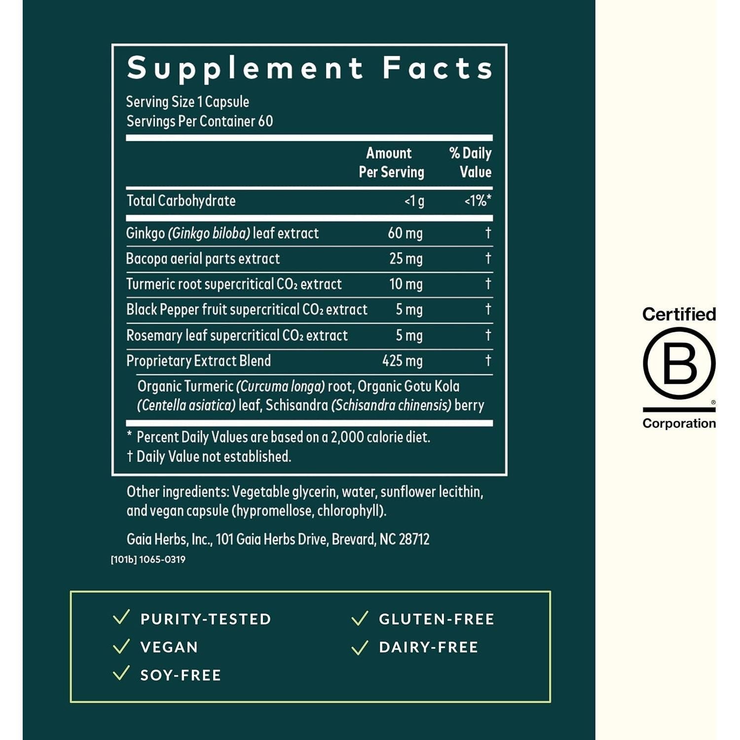 Gaia Herbs Agile Mind - Brain & Cognitive Support Herbal Supplements 60 Capsules