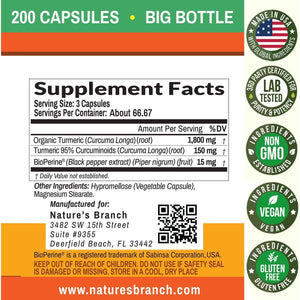 Turmeric Curcumin with Black Pepper Extract - Organic Powder - Joint Support Supplement, Made in USA - (200 Capsules/1965Mg )