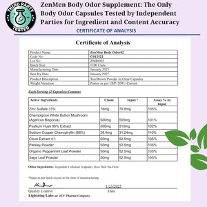 Natural Body Odor Eliminator Pills - Chlorophyll with Zinc, Champignon, Psyllium Fiber - 60 Vegan Capsules. Made in the USA