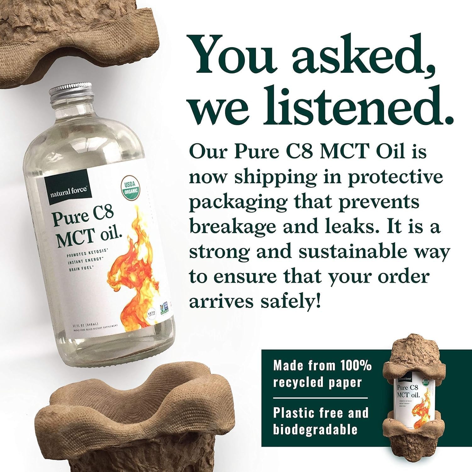 Natural Force Organic Pure C8 MCT Oil – Liquid MCT Oil in Glass Bottle Container –32 Ounce