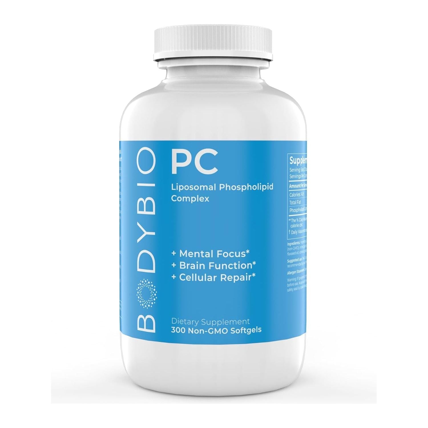 Bodybio PC - Brain Supplement for Memory, Focus and Clarity - Liposomal for Optimal Absorption 300 Softgels