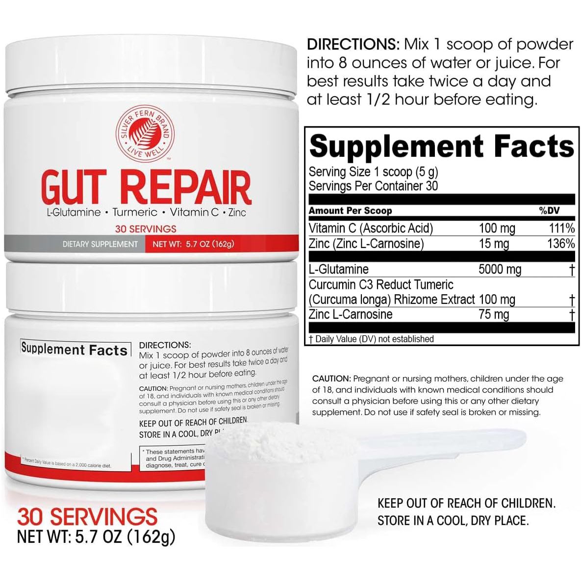 Silver Fern Gut Repair - Digestive Health Supplement Powder (1 Tub - 30 Servings)