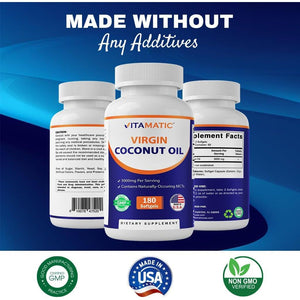 Vitamatic Virgin Coconut Oil Softgels, 3000 Mg per Serving, 60 Servings, 180 Count, Non-Gmo, Gluten Free