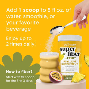 Bellway Super Fiber Powder + Fruit, Sugar Free Organic Psyllium Husk Powder Fiber Supplement (50 Servings).
