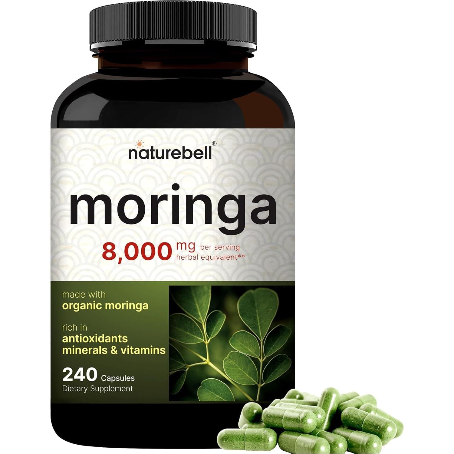 Naturebell Pure Moringa Capsules 8000Mg - 240 Capsules | Green Superfood, Skin Health & Immune Support